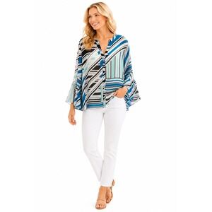 Calvin Klein Blouse Womens XL Blue Geometric Striped Bell Sleeve V-Neck M7LAZ647